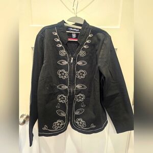 Denim & Co. Black Floral Embroidered Zip Jacket Size Large Metallic Thread